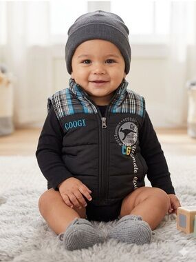 COOGI Black and Blue Quilted Vest with Plaid Accents
